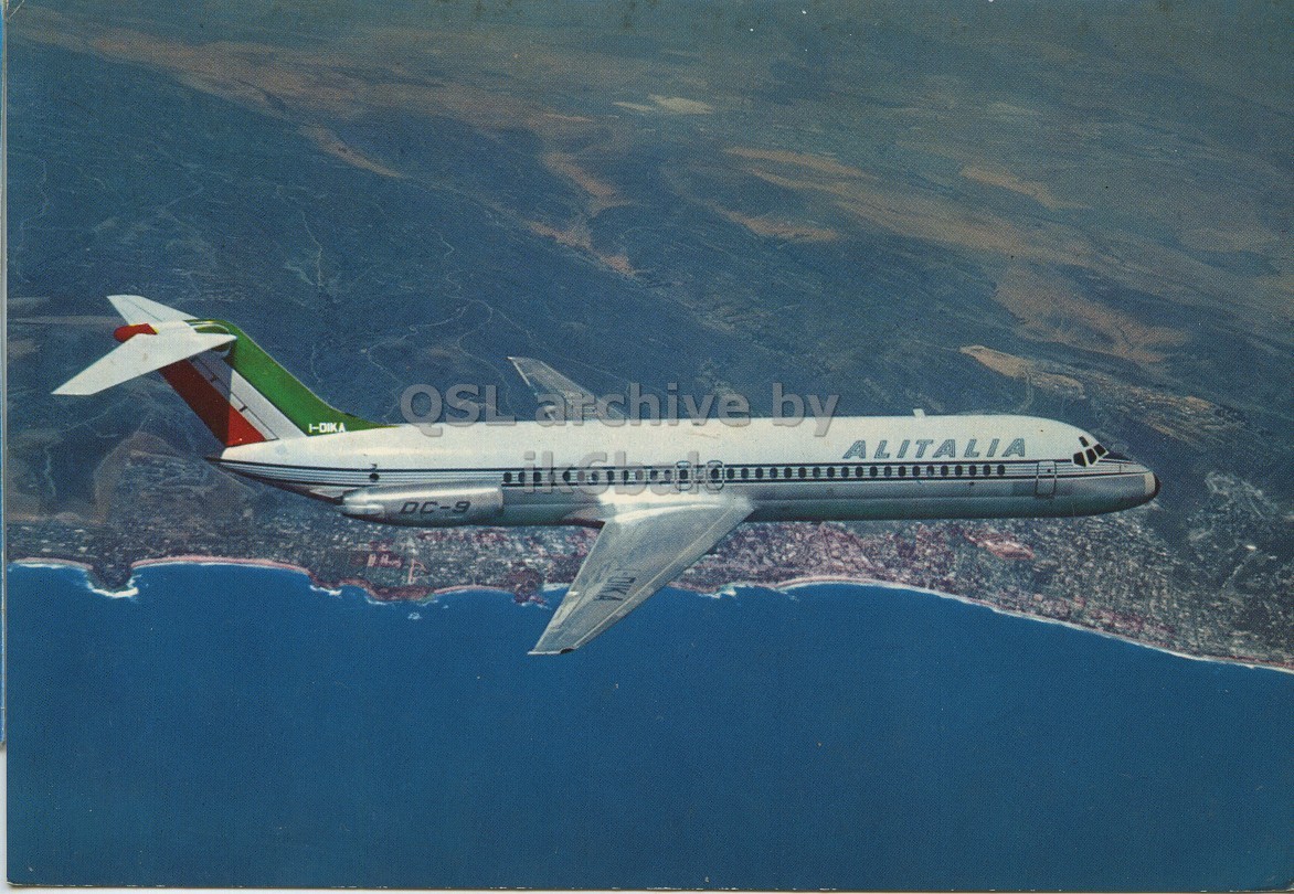 Front QSL card, of OE1FDA to I1LCN, March 20, 1971, SSB mode. The QSL image contains the following objects: Aircraft, Airliner, Airplane, Vehicle, Flight. And contains this text: I-DIKA QSL archive by ALITALIA DC-9 I-DIKA QSL archive by ALITALIA DC-9.
