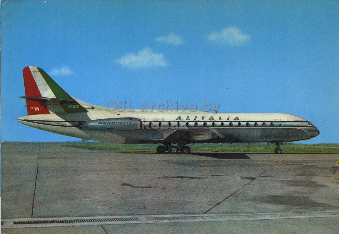 Front QSL card, of OE1FDA to I2LCN, May 9, 1971, SSB mode. The QSL image contains the following objects: Aircraft, Airliner, Airplane, Airport, Airfield. And contains this text: QSL archive by QSL archive by LITALIA.