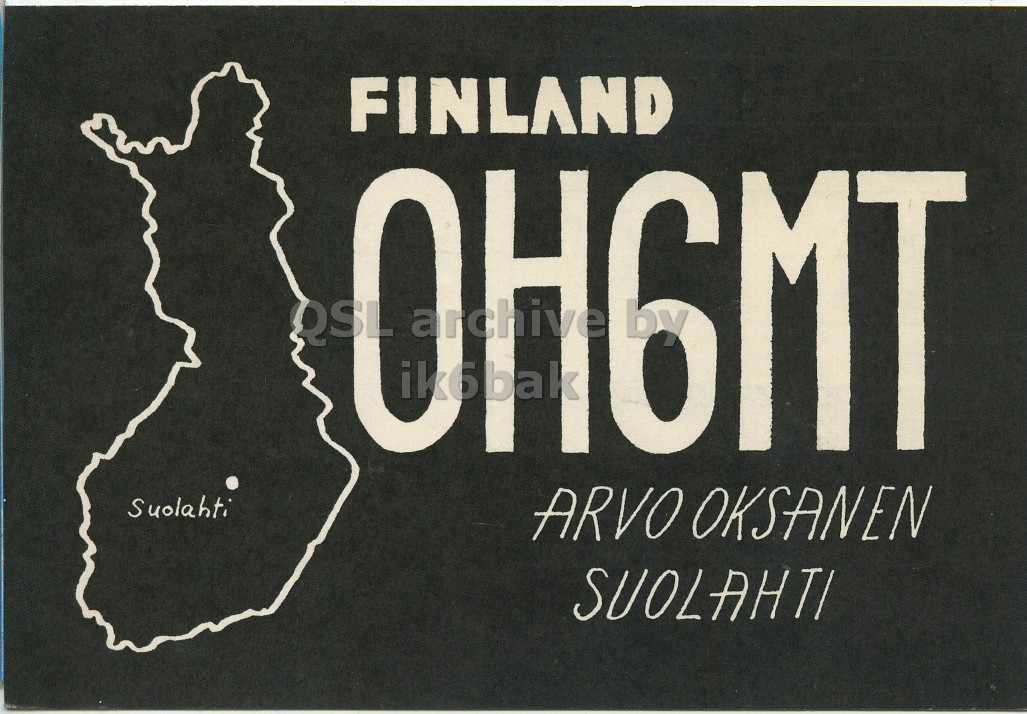 Front QSL card, of OH6MT to I1LCN, March 14, 1971, PH mode. The QSL image contains the following objects: Advertisement, Person, Poster. And contains this text: FINLAND QSL archive Suolahti ARVO OKSANEN SUOLAHTI FINLAND QSL archive Suolahti ARVO OKSANEN SUOLAHTI.