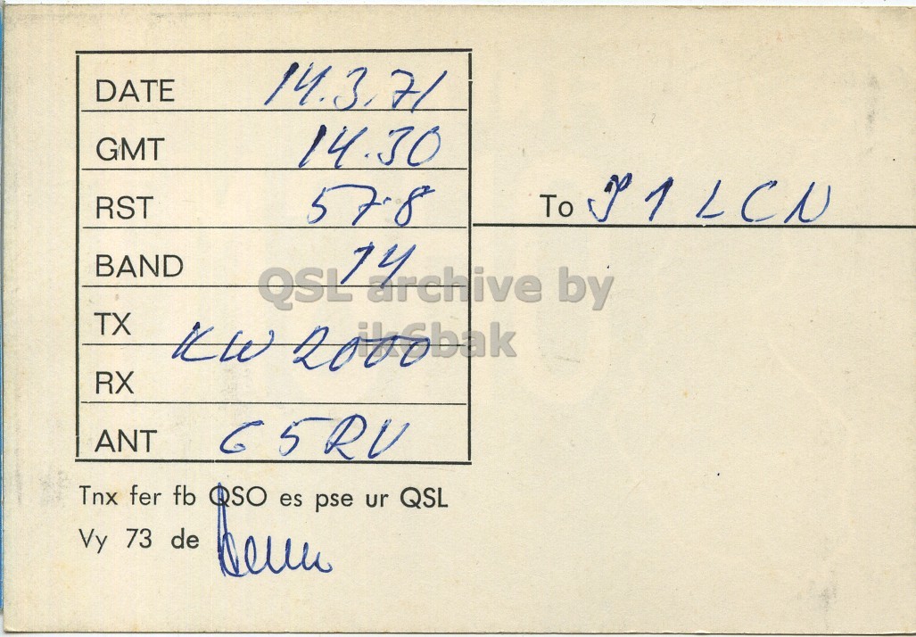 Right QSL card, of OH6MT to I1LCN, March 14, 1971, PH mode. The QSL image contains the following objects: Envelope, Mail, Book, Postcard. And contains this text: DATE 14.3.71 GMT 14.30 RST BAND TX RX ANT 65RV Tnx fer fb QSO es pse ur QSL Vy 73 de DATE 14.3.71 GMT 14.30 RST To BAND QSL by TX RX ANT 65RV Tnx fer fb QSO es pse ur QSL Vy 73 de.