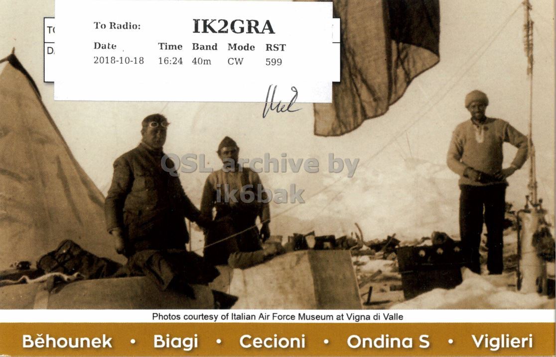 Right QSL card, of OK1KLV to IK2GRA, October 18, 2018, CW mode. The QSL image contains the following objects: Adult, Male, Man, Person, Coat. And contains this text: To Radio: T IK2GRA Date Time Band Mode RST D 2018-10-18 16:24 40m CW 599 ik6bak Photos courtesy of Italian Air Force Museum at Vigna di Valle Bēhounek Biagi Cecioni Ondina S . Viglieri.