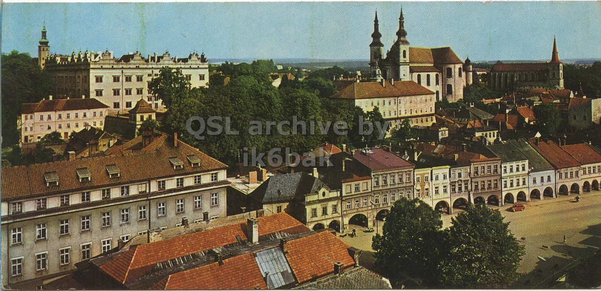 Front QSL card, of OK2PEQ to I1LCN, August 4, 1970, CW mode. The QSL image contains the following objects: Neighborhood, City, Roof, Urban, Metropolis. And contains this text: QSL archive by ik6bak QSL archive by ik6bak.