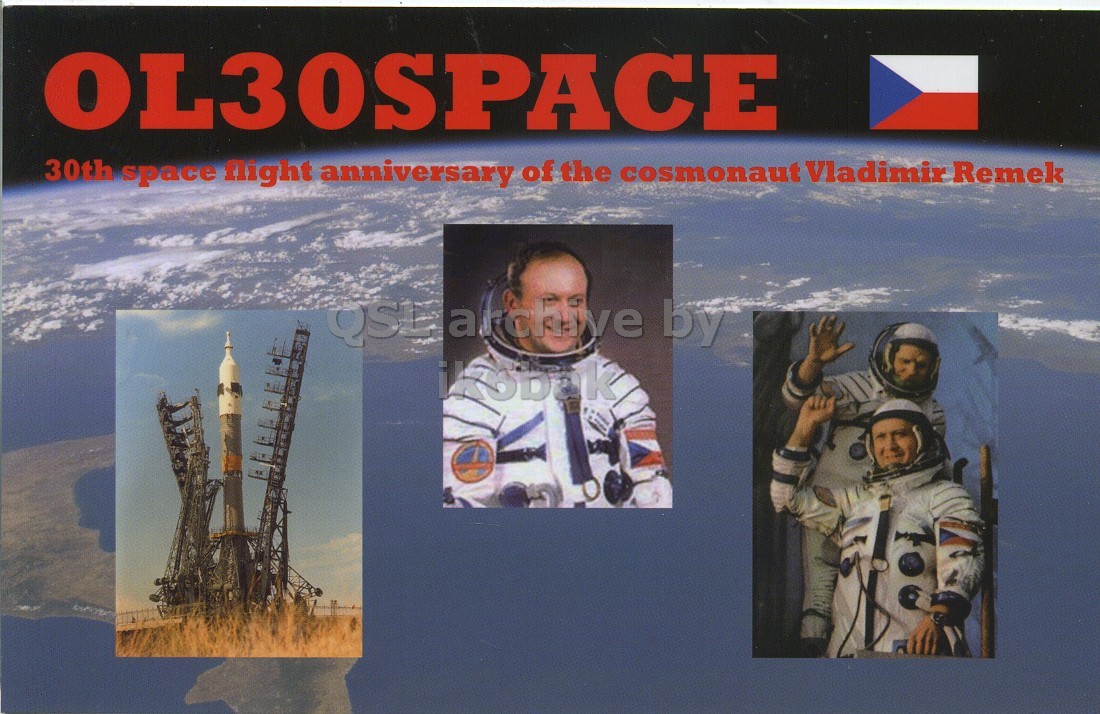 Front QSL card, of OL30SPACE to IK6CQC, March 19, 2008, SSB mode. The QSL image contains the following objects: Baby, Person, Helmet, Face, Head. And contains this text: OL30SPACE 30th space flight anniversary of the cosmonaut Vladimir Remek ikobak OL30SPACE 30th space flight anniversary of the cosmonaut Vladimir Remek by ikobak.