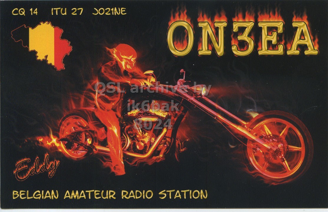Front QSL card, of ON3EA to IK6BAK/P, March 16, 2023, CW mode. The QSL image contains the following objects: Book, Publication, Advertisement, Spoke, Motorcycle. And contains this text: CQ 14 ITU 27 JO21NE ON3EA ik6bak 8024 BELGIAN AMATEUR RADIO STATION.