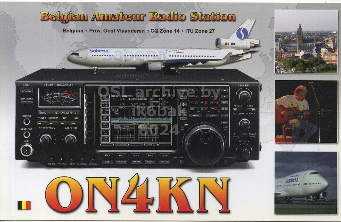 Front QSL card, of ON4KN to IK6BAK, May 31, 2019, FT8 mode. The QSL image contains the following objects: Adult, Male, Man, Person, Airplane. And contains this text: Belgian Amateur Radio Station Belgium Prov. Oost Vlaanderen CQ Zone 14 ITU Zone 27 sabena - TIMER POWER TRANSMIT UFO 7.050.000 LSB 28 9 METER UFO ikoba NOTCH M-CL ENT PHONES MP-W MP-R ATT TUNER MONITOR NB NR XFC SOFT 8024 LOCK ELEC-KEY.