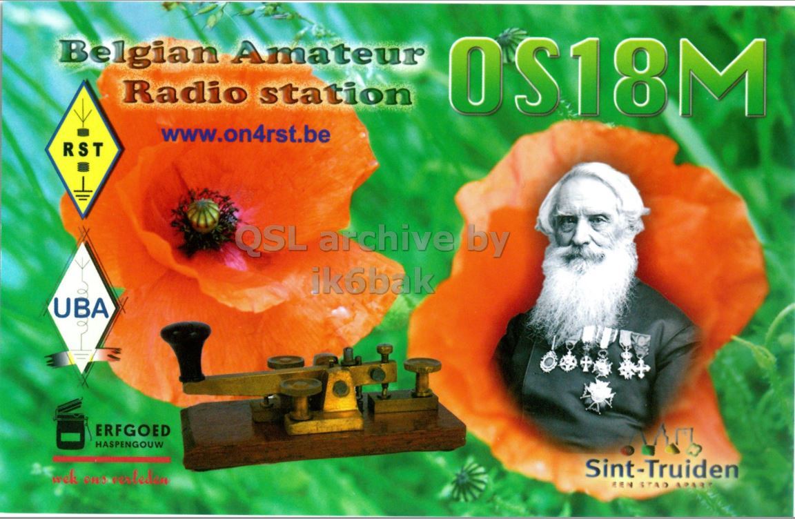 Front QSL card, of OS18M to IK2GRA, April 5, 2014, CW mode. The QSL image contains the following objects: Flower, Adult, Male, Man, Person. And contains this text: Belgian Amateur Radio station OS18M www.on4rst.be RST ik6bak UBA ERFGOED HASPENGOUW Sint-Truiden.