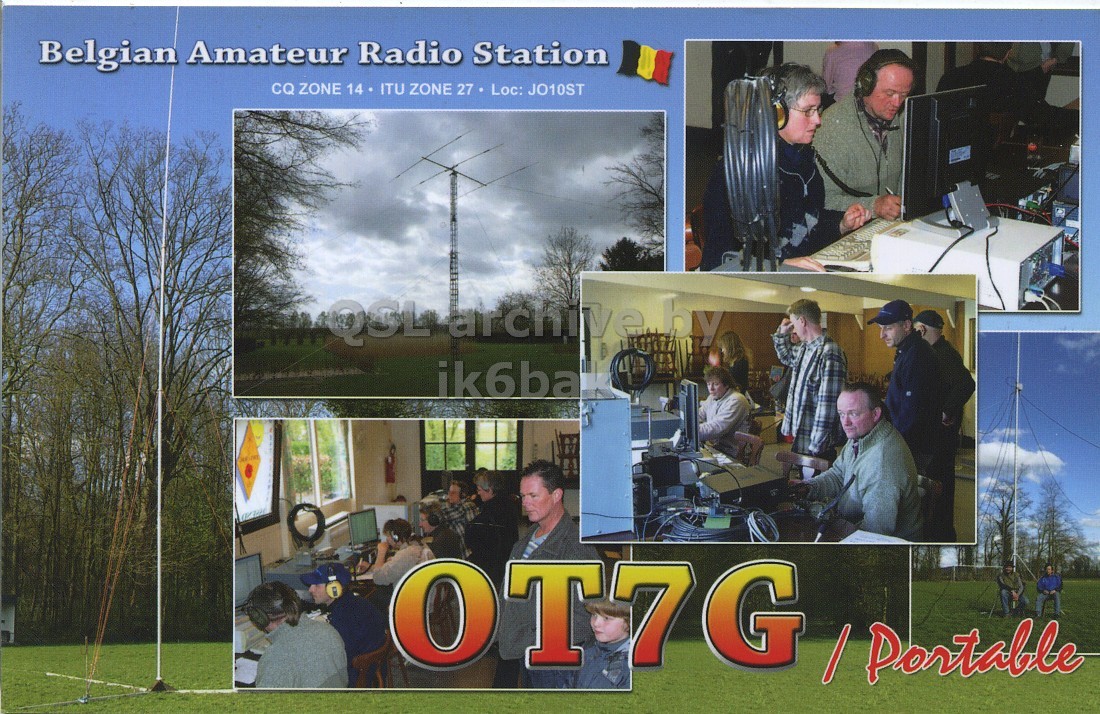 Front QSL card, of OT7G to IK6CQC, April 12, 2008, SSB mode. The QSL image contains the following objects: People, Person, Collage, Grass, Advertisement. And contains this text: Belgian Amateur Radio Station CQ ZONE 14 ITU ZONE 27 Loc: JO10ST QSL archiye by ik6ba OT7G / Portable Belgian Amateur Radio Station CQ ZONE 14 ITU ZONE 27 Loc: JO10ST QSL by ik6ba OT7G / Portable.