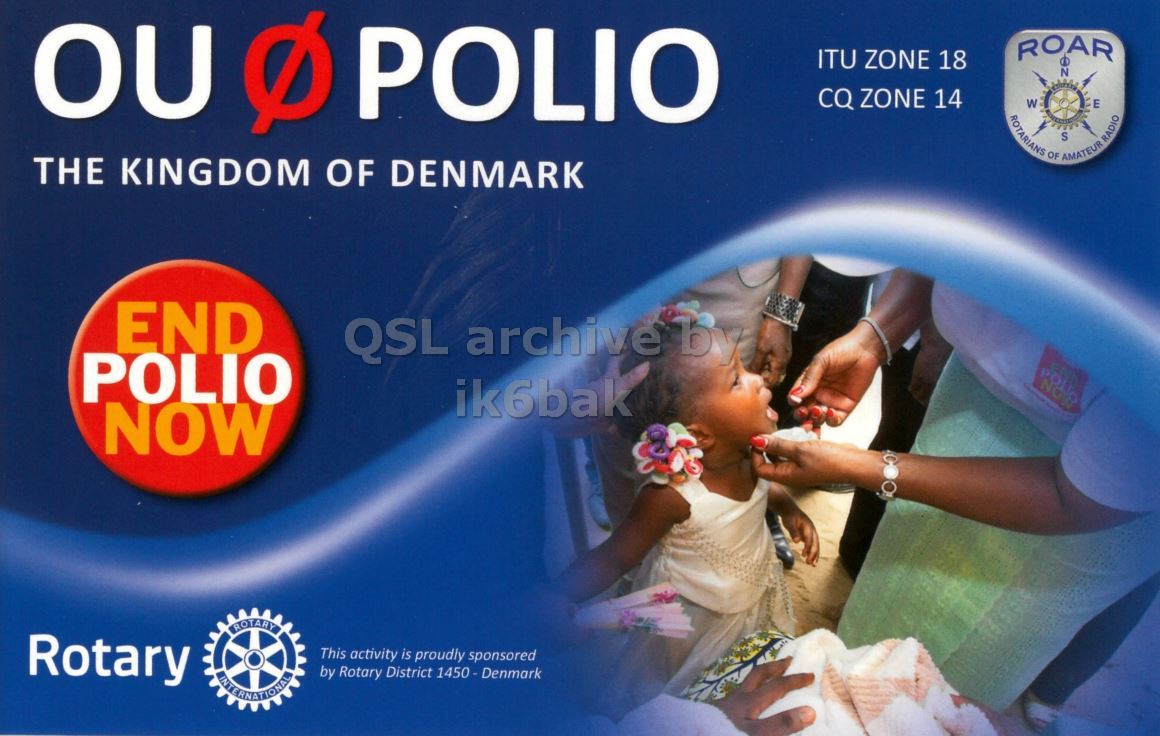 Front QSL card, of OU0POLIO to IK2GRA, September 8, 2016, CW mode. The QSL image contains the following objects: Advertisement, Adult, Bride, Person, Woman. And contains this text: OU ø POLIO ROAR ITU ZONE 18 CQ ZONE 14 THE KINGDOM OF DENMARK ROTARIANS OF AMATEUR ze S E RADIO END POLIO END ik6bak NOW ROTARY Rotary This activity is proudly sponsored by Rotary District 1450-Denmark INTERNATIONAL.