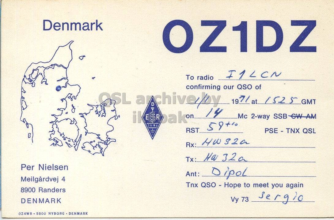 Front QSL card, of OZ1DZ to I1LCN, January 1, 1971, PH mode. The QSL image contains the following objects: Envelope, Mail. And contains this text: Denmark OZ1DZ I1LCN To radio confirming our QSO of 1971 at 1525 GMT 14 Mc 2-way SSB-CW AM RST PSE - TNX QSL Tx: Ha 32a Per Nielsen Ant: Dipol Tnx QSO - Hope to meet you again 8900 Randers Vy 73 DENMARK sergio OZ4WR 5800 NYBORG DENMARK Denmark OZ1DZ I1LCN To radio confirming our QSO of OSL 1971 at 1525 GMT 14 Mc 2-way SSB-CW AM RST PSE - TNX QSL Rx: Tx: 32a Per Nielsen Ant: Dipol 4 Tnx QSO - Hope to meet you again 8900 Randers Vy 73 DENMARK sergio 5800 NYBORG DENMARK.
