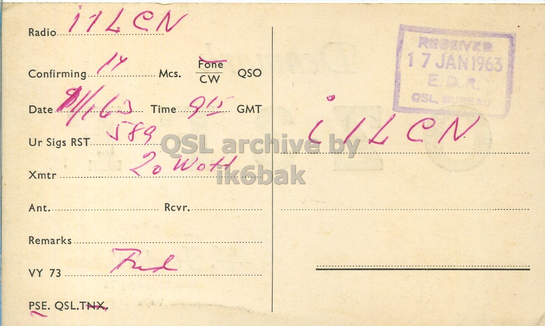 Right QSL card, of OZ3FF to I1LCN, January 11, 1963, PH mode. The QSL image contains the following objects: Envelope, Mail, Postcard. And contains this text: Radio 1 7 JAN1963 Fone Mcs. QSO Confirming CW QSL. BUREAU Date 589 Ur Sigs RST.. QSL archive by Xmtr 20 Woth ik6bak Ant. Rcvr. Remarks VY 73 PSE. QSL.TNX, Radio 1 7 JAN1963 Fone Mcs. QSO Confirming CW Time.. GMT BUREAU Date 589 Ur Sigs RST.. QSL archive by Xmtr 20 ik6bak Ant. Rcvr. Remarks VY 73 PSE. QSL.TNX,.