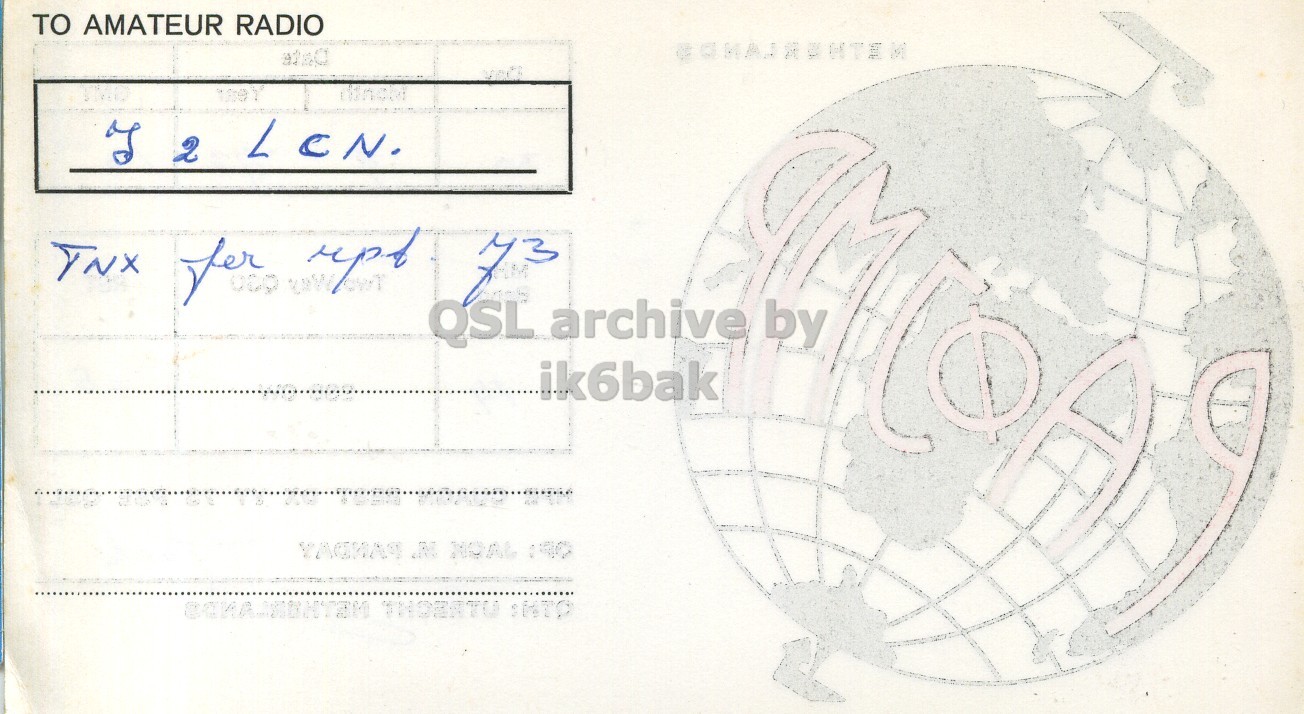 Right QSL card, of PA0JMP to I2LCN, September 30, 1972, PH mode. The QSL image contains the following objects: Envelope, Mail. And contains this text: TO AMATEUR RADIO of 2 LCN. QSL archive by ik6bak TO AMATEUR RADIO 2 LCN. TNX for QSL archive by ik6bak YACHAT 190.