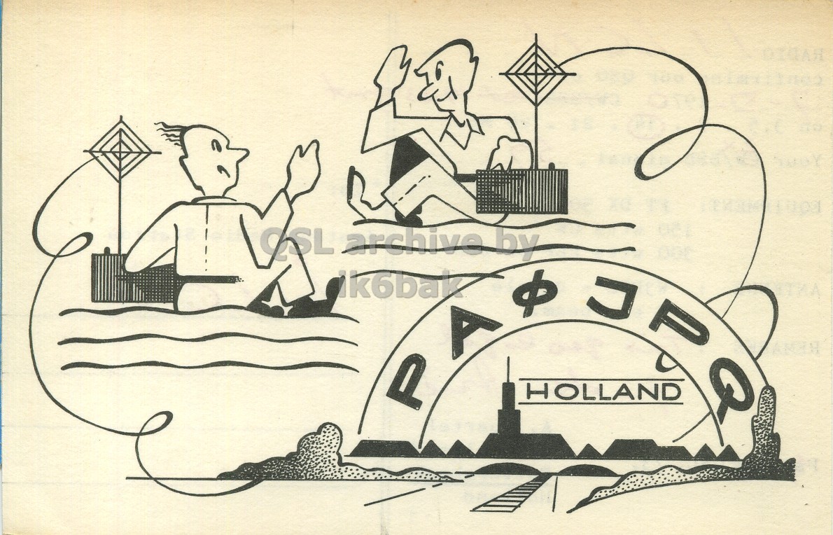 Front QSL card, of PA0JPQ to I1LCN, November 7, 1970, PH mode. The QSL image contains the following objects: Person, Outdoors, Nature, Face. And contains this text: OSL archive by A HOLLAND P archive by A HOLLAND P.