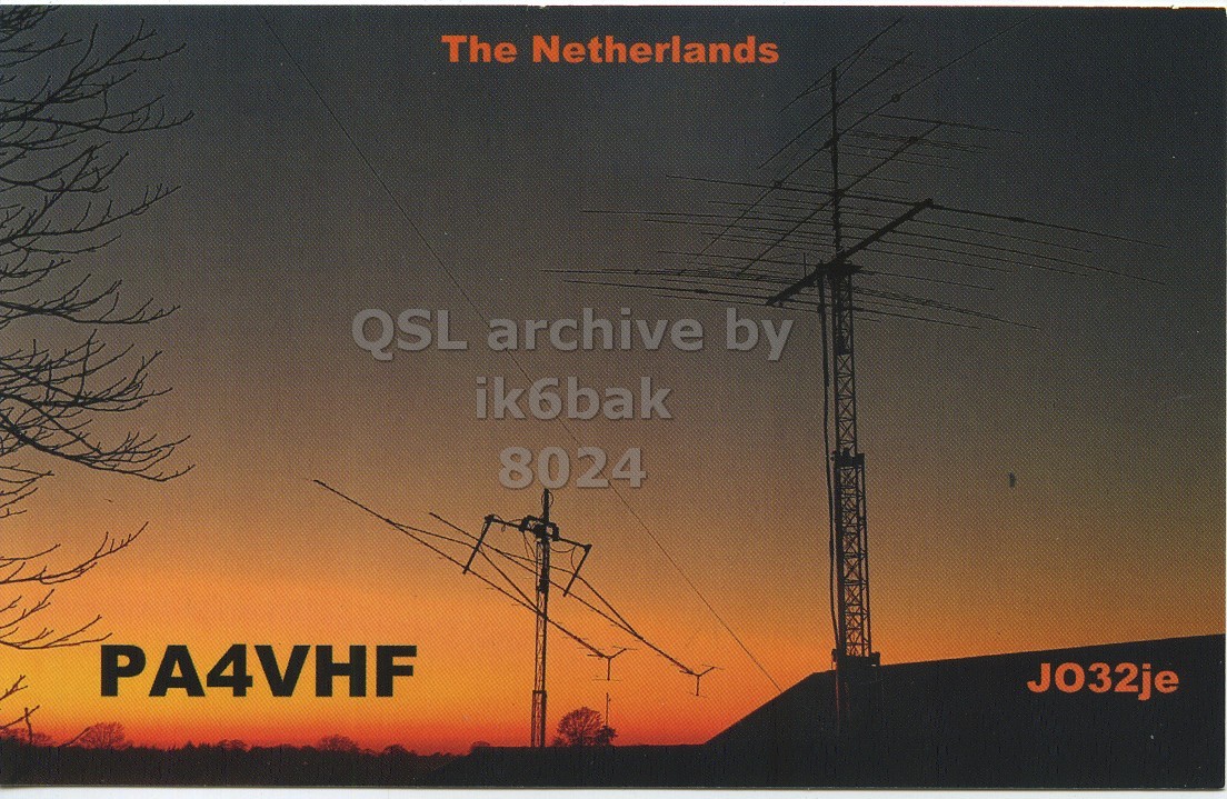 Front QSL card, of PA4VHF to IK6BAK, July 2, 2017, CW mode. The QSL image contains the following objects: Utility Pole, Cable, Power Lines. And contains this text: The Netherlands ik6bak 8024 PA4VHF JO32je.