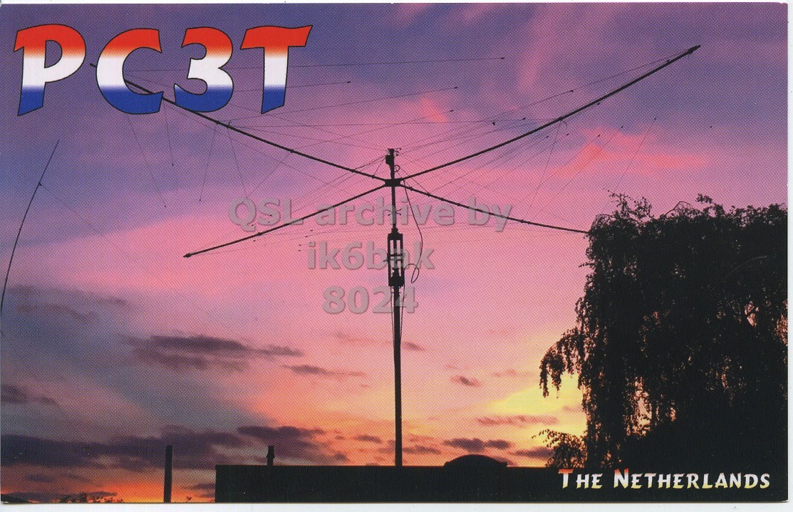 Front QSL card, of PC3T to IK6BAK, May 25, 2019, CW mode. The QSL image contains the following objects: Utility Pole. And contains this text: PC3T 8024 The NETHERLANDS.