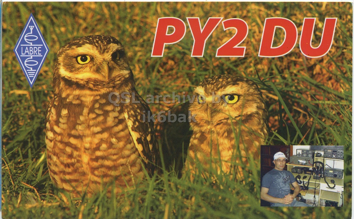 Front QSL card, of PY2DU to IK6CQC, July 6, 2009, SSB mode. The QSL image contains the following objects: Photography, Adult, Male, Man, Person. And contains this text: LABRE PY2 DU QSL archive bc ik6bak LABRE PY2 DU QSL archive ik6bak.