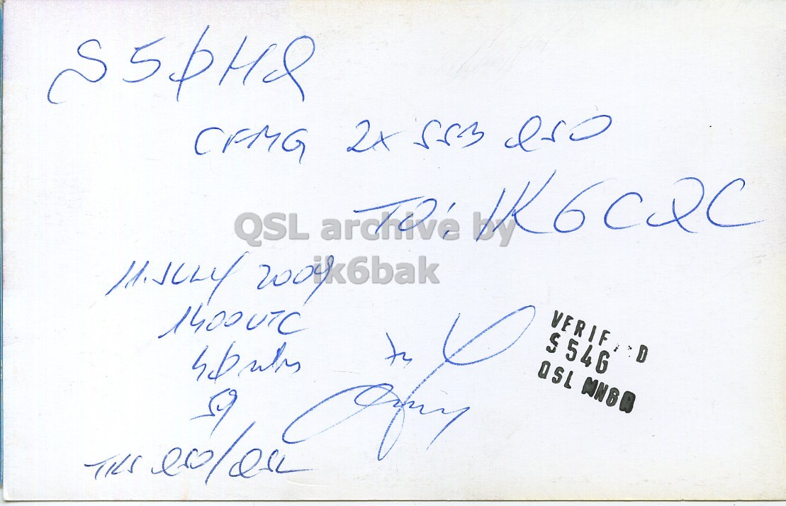 Right QSL card, of S50ZRS to IK6CQC, July 11, 2009, SSB mode. The QSL image contains the following objects: Handwriting, White Board. And contains this text: CFMG 2x SS3 QSL QSL TILS.