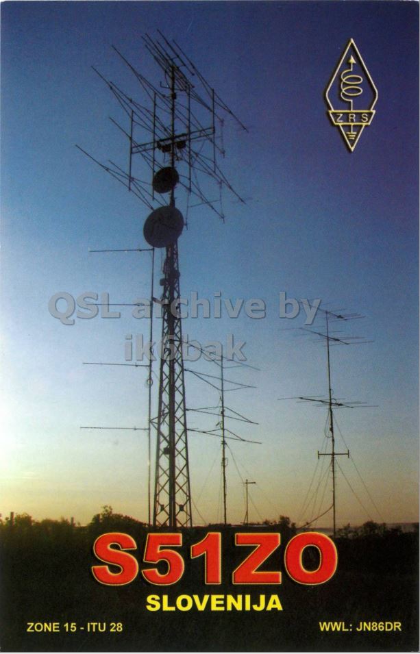 Front QSL card, of S51ZO to IK2GRA, November 2, 2013, CW mode. The QSL image contains the following objects: Electrical Device. And contains this text: Z RS ikabak S51ZO SLOVENIJA ZONE 15-ITU 28 WWL: JN86DR.