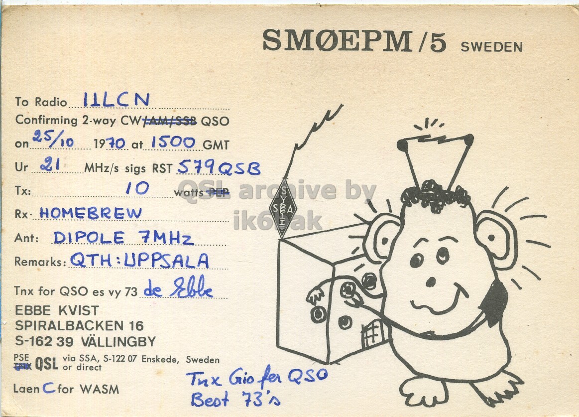 Front QSL card, of SM0EPM/5 to I1LCN, October 25, 1970, PH mode. The QSL image contains the following objects: Face, Person, Baby. And contains this text: SMOEPM/5 SWEDEN To Radio IILCN Confirming 2-way CW/AM/SSB QSO on 25/10 1970 at 1500 GMT Ur 21 MHz/s sigs RST 579QSB 10 Tx: Rx HOMEBREW ik6 I ak Ant: DIPOLE 7MHz Remarks: QTH:UPPSALA Tnx for QSO es vy 73 de Ebbe EBBE KVIST SPIRALBACKEN 16 S-162 39 VÄLLINGBY PSE via SSA, S-122 07 Enskede, QSL or direct Tnx Sweden Gio for QSO Laen C for WASM Best 73's SWEDEN To Radio IILCN Confirming 2-way QSO on 25/10 1970 at 1500 GMT Ur 21 MHz/s sigs RST 579QSB 10 Tx: by HOMEBREW ik6 I ak Ant: DIPOLE 7MHz Remarks: Tnx for QSO es vy 73 de EBBE KVIST SPIRALBACKEN 16 S-162 39 VÄLLINGBY PSE via SSA, S-122 07 Enskede, QSL or direct Tnx Sweden Gio for QSO Laen C for WASM Best 73's.