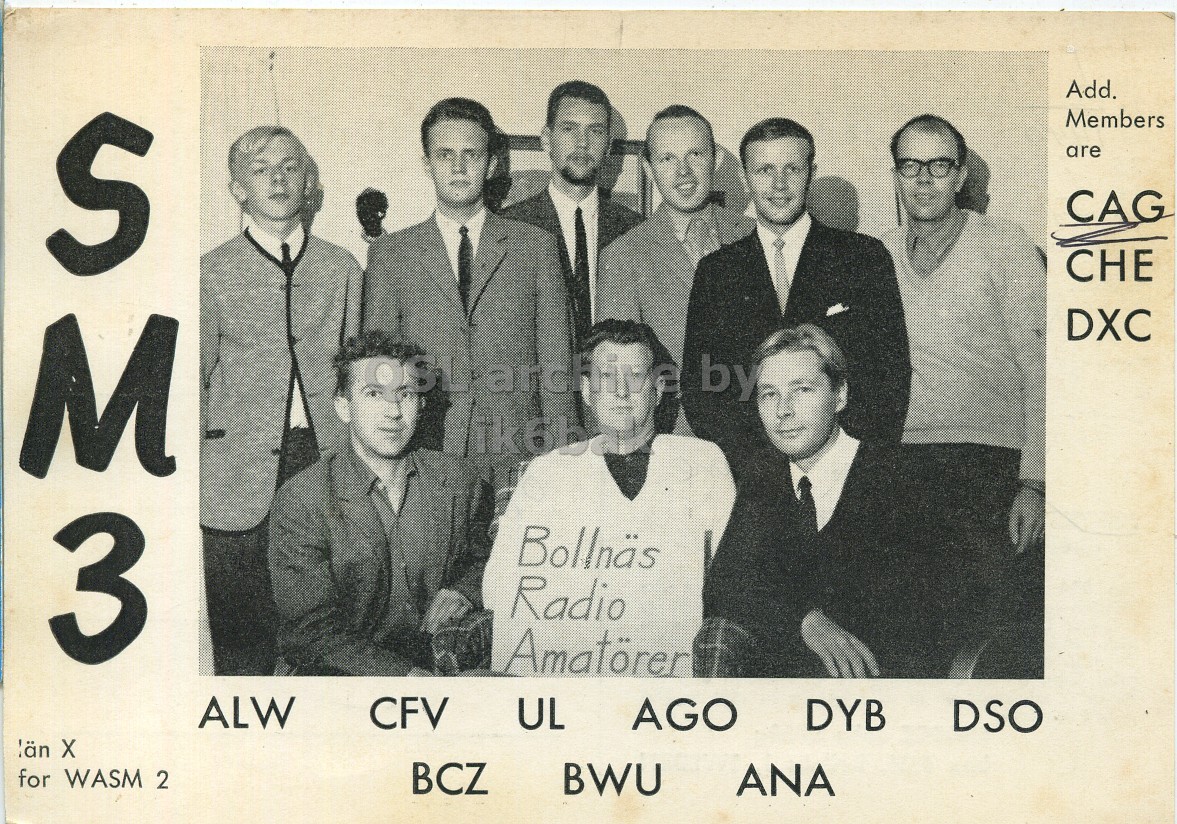 Front QSL card, of SM3BCZ to I1LCN, January 23, 1971, PH mode. The QSL image contains the following objects: People, Person, Adult, Male, Man. And contains this text: Members S are CAG CHE DXC M by 3 Bollnäs Radio Amatörer ALW CFV UL AGO DYB DSO län X for WASM 2 BCZ BWU ANA Members S are CAG CHE DXC M by 3 Bollnäs Radio Amatörer ALW CFV UL AGO DYB DSO län for WASM 2 BCZ BWU ANA.