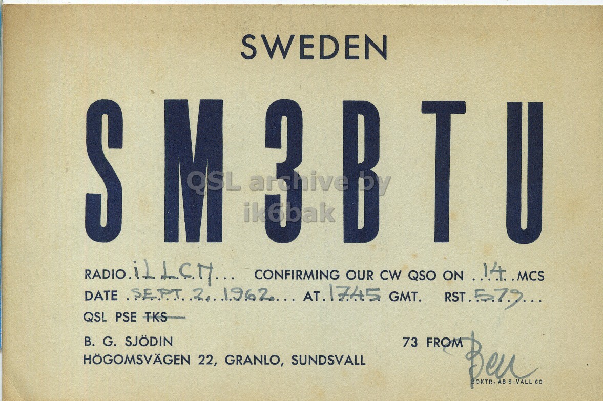 Front QSL card, of SM3BTU to I1LCN, September 2, 1962, PH mode. The QSL image contains the following objects: License Plate. And contains this text: SWEDEN S U M ik6bak RADIO.iLLCM... CONFIRMING OUR CW QSO ON 14.MCS QSL PSE TKS В. G. SJÖDIN 73 FROM HÖGOMSVÄGEN 22, GRANLO, SUNDSVALL AB 60 SWEDEN S U M ik6bak CONFIRMING OUR CW QSO ON DATE 1962... AT.1745 GMT. QSL PSE TKS G. SJÖDIN 73 FROM HÖGOMSVÄGEN 22, GRANLO, SUNDSVALL BOKTR. S:VALL AB 60.