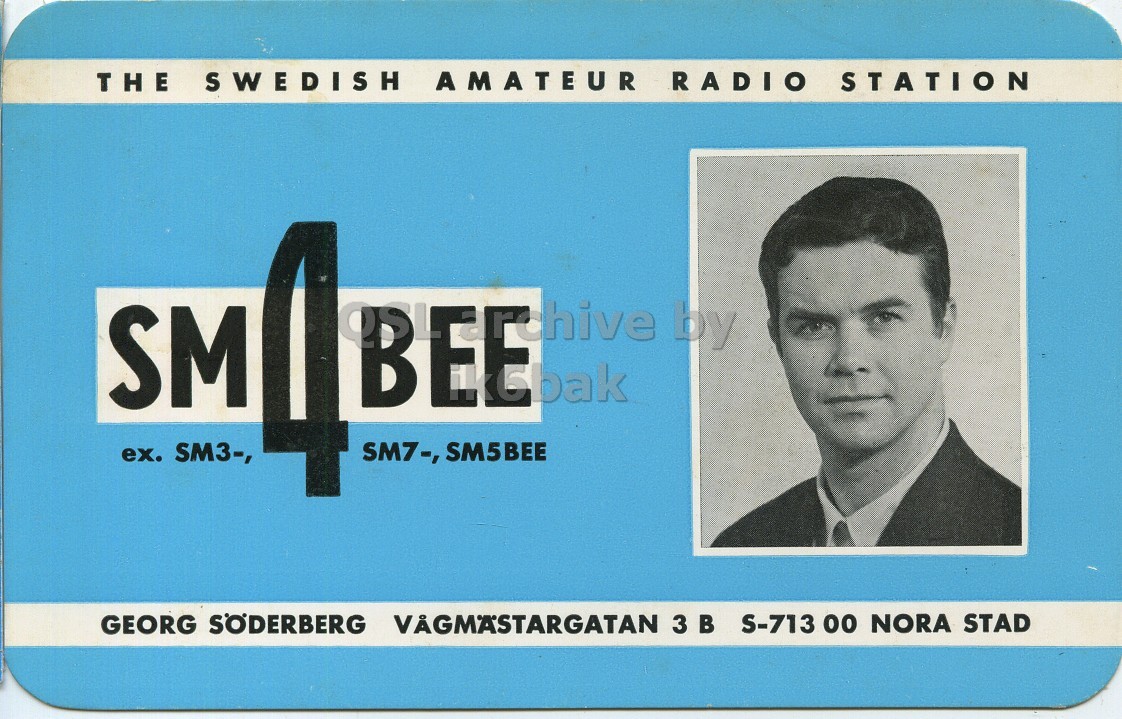 Front QSL card, of SM4BEE to I1LCN, January 9, 1971, PH mode. The QSL image contains the following objects: Adult, Male, Man, Person. And contains this text: THE SWEDISH AMATEUR RADIO STATION SM BEE by ex. SM3-, 4 SM7-, SM5BEE GEORG SÖDERBERG VAGMÄSTARGATAN 3 В S-713 00 NORA STAD THE SWEDISH AMATEUR RADIO STATION SM by ex. SM3-, 4 SM7-, SM5BEE GEORG SÖDERBERG 3 S-713 00 NORA STAD.