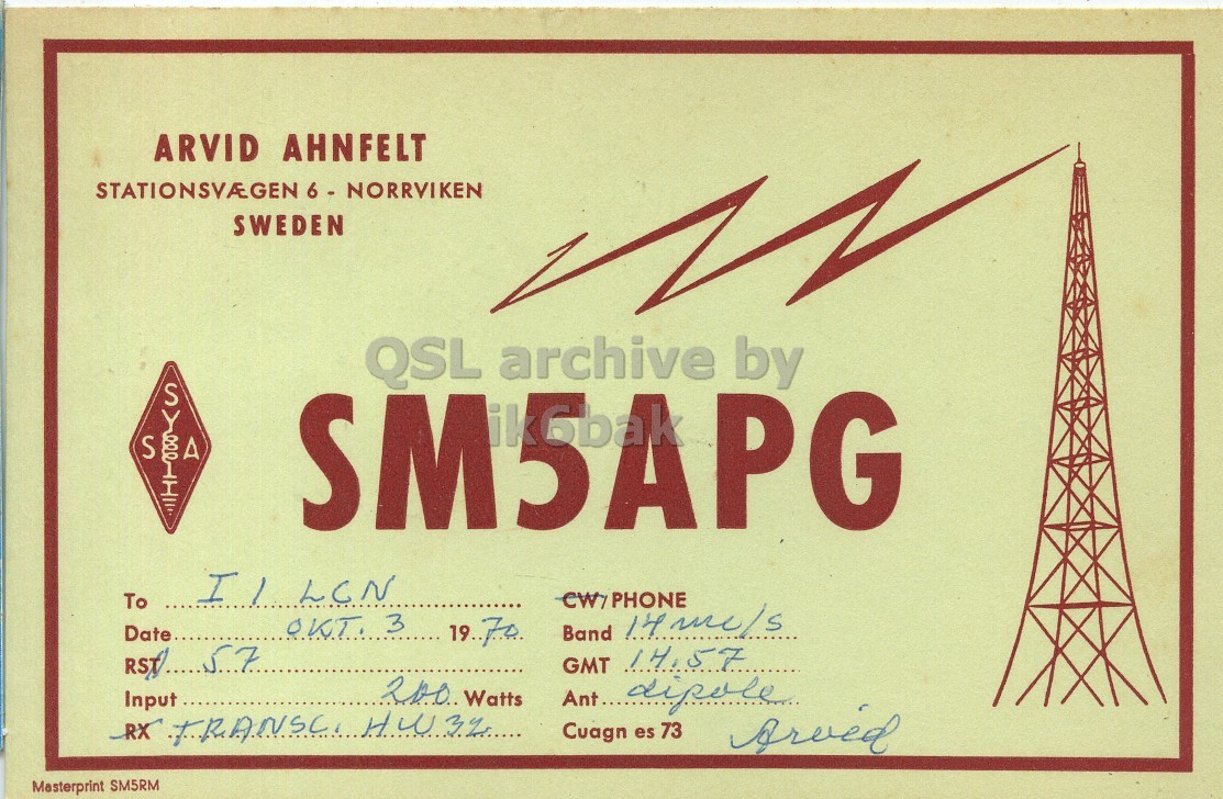 Front QSL card, of SM5APG to I1LCN, October 3, 1970, PH mode. The QSL image contains the following objects: Advertisement. And contains this text: ARVID AHNFELT STATIONSVAGEN 6 NORRVIKEN SWEDEN QSL archive by S A To Date.. OKT. 3 19.70 GMT 14.57 RST 57 200 Watts Input Ant... dipole Cuagn es 73 Masterprint SM5RM ARVID AHNFELT STATIONSVAGEN 6 NORRVIKEN SWEDEN QSL archive by S A SM5APG To PHONE Date.. Band OKT. 3 19.70 GMT 14.57 RST 57 200 Watts Input Ant... dipole RX Cuagn es 73 Masterprint SM5RM.