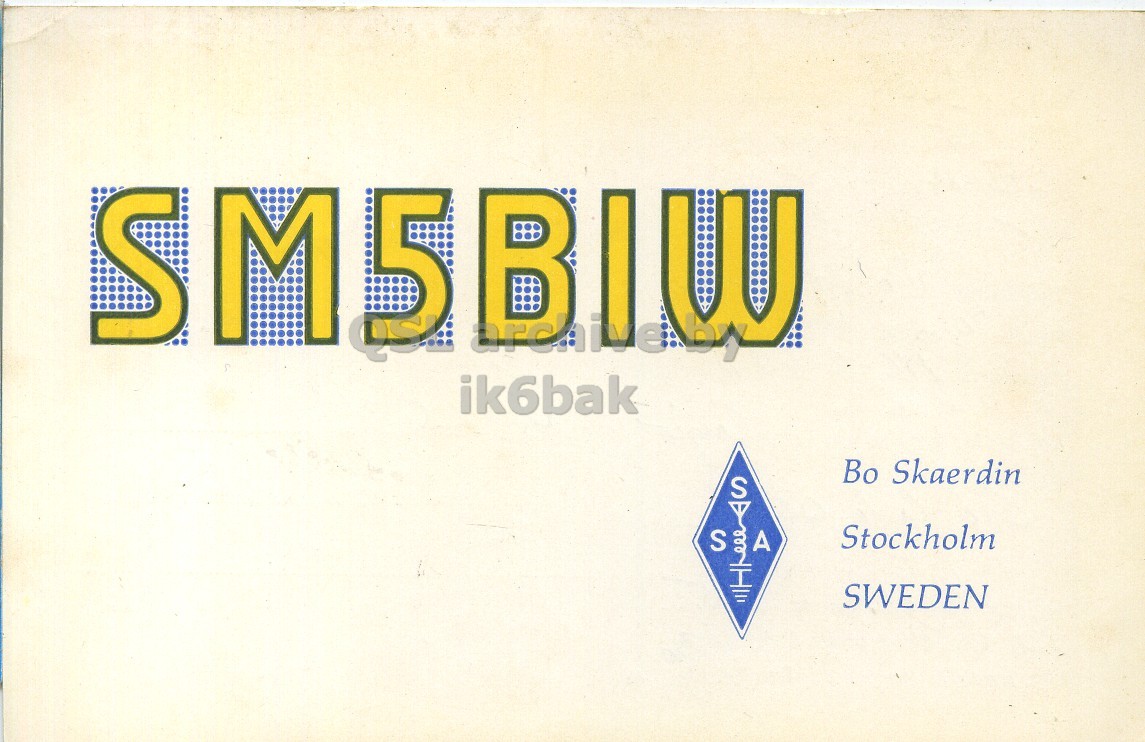 Front QSL card, of SM5BIW to I1LCN, December 27, 1962, PH mode. The QSL image contains the following objects: Logo. And contains this text: S M5BIW ik6bak Во Skaerdin Stockholm S A SWEDEN S M5BIW ik6bak Skaerdin Stockholm S A SWEDEN.