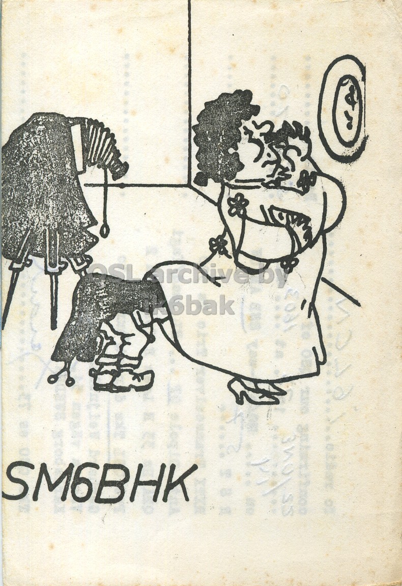 Front QSL card, of SM6BHK to I6LCN, June 22, 1973, SSB mode. The QSL image contains the following objects: Art, Painting, Person. And contains this text: k6bak SM6BHK SS by k6bak SM6BHK SS.