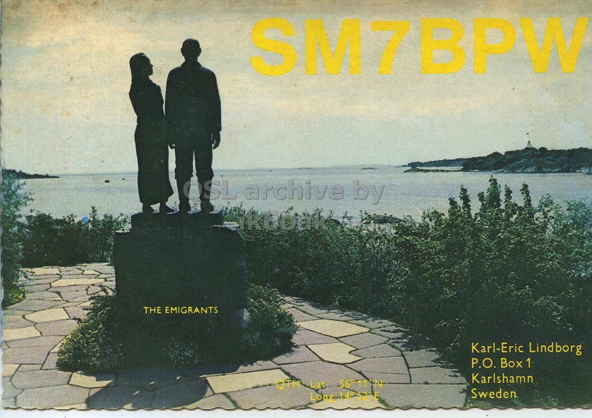 Front QSL card, of SM7BPW to I1LCN, January 6, 1971, SSB mode. The QSL image contains the following objects: Path, Walkway, Flagstone, Slate, Person. And contains this text: SM7BPW OSL archive by THE EMIGRANTS Karl-Eric Lindborg P.O. Box 1 Karlshamn Sweden Long 14° S2 E SM7BPW OSL archive by THE EMIGRANTS Karl-Eric Lindborg P.O. Box 1 Karlshamn QTH Lat Sweden Long 14° S2 E.