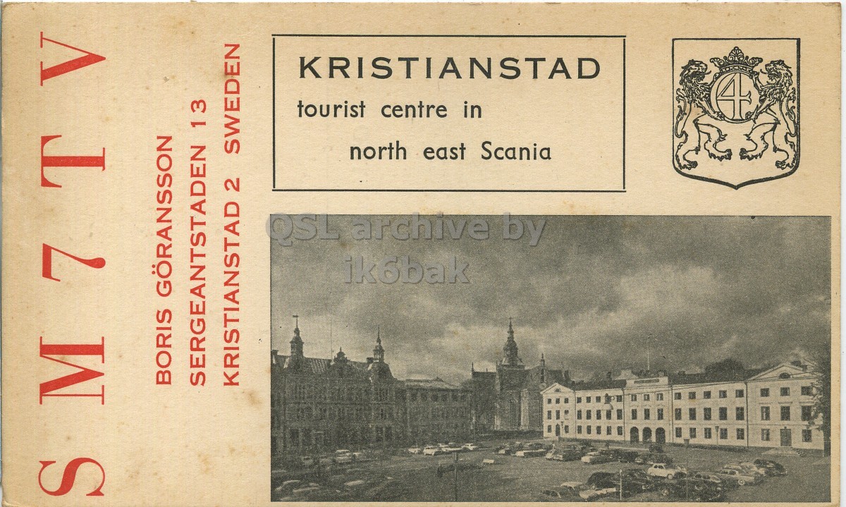 Front QSL card, of SM7TV to I1LCN, December 20, 1961, PH mode. The QSL image contains the following objects: Building, Envelope, Mail. And contains this text: KRISTIANSTAD tourist centre in 4 north east Scania OSL archive by ik6bak BORIS GÖRANSSON SERGEANTSTADEN 13 KRISTIANSTAD 2 SWEDEN SM7TV KRISTIANSTAD tourist centre in 4 north east Scania OSL archive by ik6bak BORIS GÖRANSSON SERGEANTSTADEN 13 KRISTIANSTAD 2 SWEDEN SM7TV.