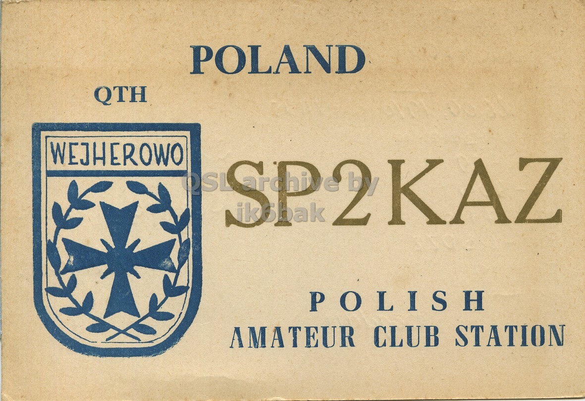 Front QSL card, of SP2KAZ to I1LCN, September 26, 1970, PH mode. The QSL image contains the following objects: Book, Logo. And contains this text: POLAND QTH WEJHEROWO ikobak KAZ POLISH AMATEUR CLUB STATION POLAND QTH WEJHEROWO ikobak KAZ POLISH AMATEUR CLUB STATION.