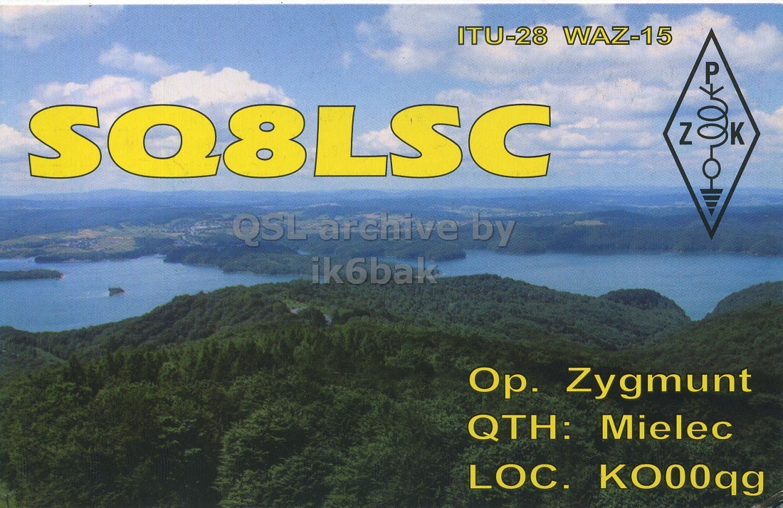 Front QSL card, of SQ8LSC to IK6CQC, June 8, 2008, SSB mode. The QSL image contains the following objects: Land, Nature, Outdoors, Sea, Rainforest. And contains this text: ITU-28 WAZ-15 SQ8LSC Z QSL archive by ik6bak Ор. Zygmunt QTH: Mielec ITU-28 WAZ-15 SQ8LSC Z QSL archive by ik6bak Zygmunt QTH: Mielec LOC..