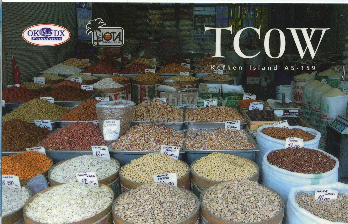 Front QSL card, of TC0W to IK6CQC, June 7, 2008, SSB mode. The QSL image contains the following objects: Bazaar, Shop, Food, Produce. And contains this text: OK DX Foundation Kefken Island AS-159 - DIE FABR PIRI 700m cio SO OK DX Foundation ON THE ARE TCOW Kefken Island AS-159 - - 10 DIE KSO - PIR FABR PIRI 6 CIG 700m cio SO 16.
