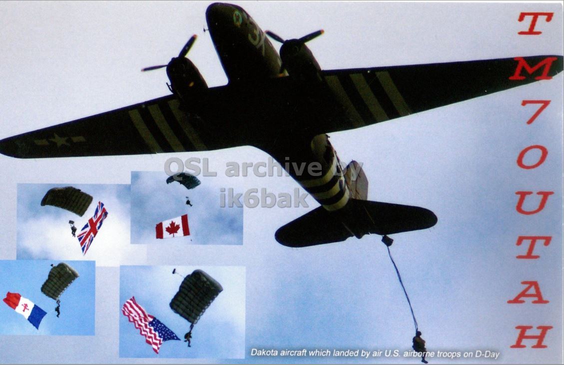 Front QSL card, of TM70UTAH to IK2GRA, June 8, 2014, CW mode. The QSL image contains the following objects: Aircraft, Airplane, Bomber, Warplane, Person. And contains this text: OSL archive ik6bak Dakota aircraft which landed by air U.S. airborne troops on D-Day.
