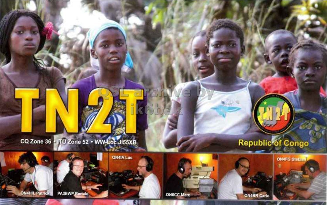 Front QSL card, of TN2T to IK2GRA, January 24, 2012, CW mode. The QSL image contains the following objects: Collage, Person, Adult, Male, Man. And contains this text: 7 CQ Zone 52 ik6bak by Republic of Congo ON4IA Luc ON4FG Stefami ON4HIL Patrick PA3EWP Ronald ON6CC Marc ON4BR Carlo Zone WW-Loc 7 CQ Zone 52 ik6bak by Republic of Congo ON4IA Luc ON4FG ON4HIL Patrick PA3EWP Ronald ON6CC Marc ON4BR Carlo.