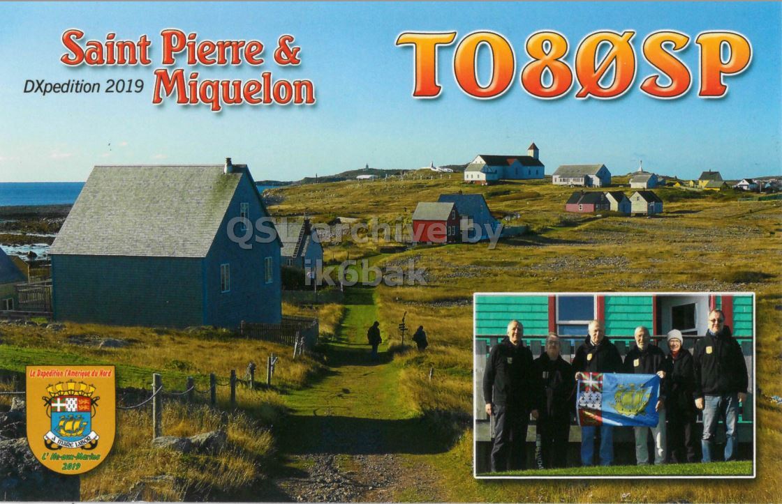 Front QSL card, of TO80SP to IK2GRA, October 8, 2019, CW mode. The QSL image contains the following objects: Nature, Outdoors, Countryside, Hut, Person. And contains this text: Saint Pierre & DXpedition 2019 Miquelon ik6bak Le Dxpedition l'Amerique du Nora L' 2019.