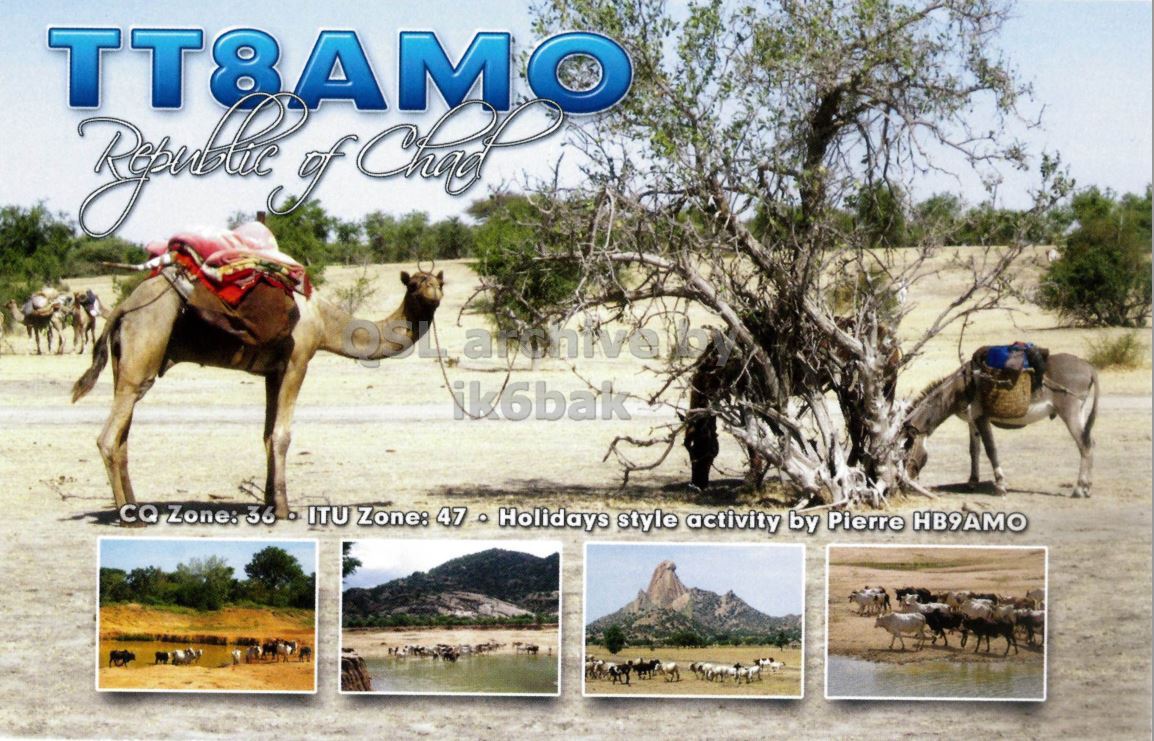 Front QSL card, of TT8AMO to IK2GRA, November 8, 2015, CW mode. The QSL image contains the following objects: Animal, Camel, Mammal, Person, Cow. And contains this text: TT8AMO ik6bak CQ Zone: 36 . ITU Zone: 47 Holidays style activity by Pierre HB9AMO.