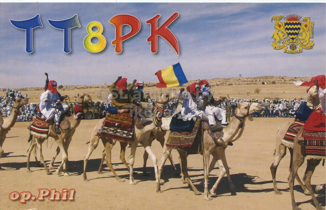 Front QSL card, of TT8PK to IK6CQC, October 14, 2007, SSB mode. The QSL image contains the following objects: Person, Adult, Male, Man, Camel. And contains this text: TT&PK TT&PK.