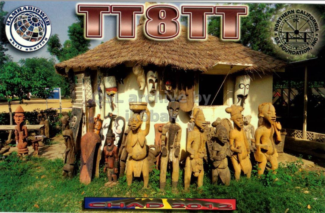 Front QSL card, of TT8TT to IK2GRA, October 14, 2012, CW mode. The QSL image contains the following objects: Hut, Nature, Outdoors, Emblem, Person. And contains this text: TT8TT skill sharing ikoba NORTHERN FOUNDATION, DX ING TT8TT skill sharing archive by ikoba 2012.