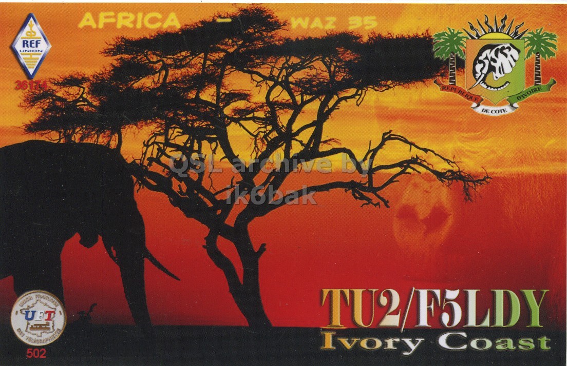 Front QSL card, of TU2/F5LDY to IK6CQC, November 3, 2006, SSB mode. The QSL image contains the following objects: Book, Adult, Male, Man, Person. And contains this text: AFRICA WAZ 35 REF UNION 36174 DTVOIRE DE COTE QSL archive be ik6bak UFT TU2/F5LDY Ivory Coast 502 AFRICA WAZ 35 REF UNION 36174 RE BLIQ DTVOIRE DE COTE archive be ik6bak UFT TU2/F5LDY Ivory Coast 502.