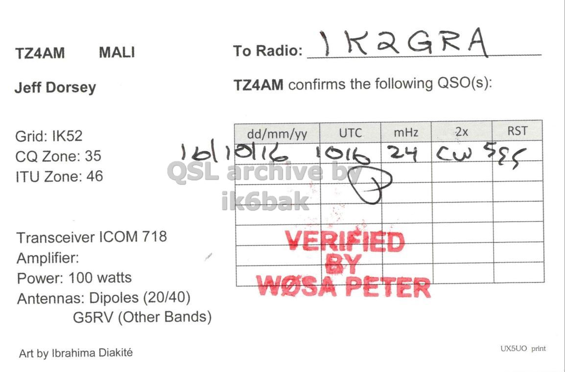 Right QSL card, of TZ4AM to IK2GRA, October 16, 2016, CW mode. And contains this text: To Radio: MALI TZ4AM TZ4AM confirms the following QSO(s): Jeff Dorsey RST mHz 2x dd/mm/yy UTC Grid: IK52 CQ Zone: 35 ITU Zone: 46 ik6bak Transceiver ICOM 718 VERIFIED Amplifier: BY Power: 100 watts WOSA PETER Antennas: Dipoles (20/40) G5RV (Other Bands) UX5UO print Art by Ibrahima Diakité.