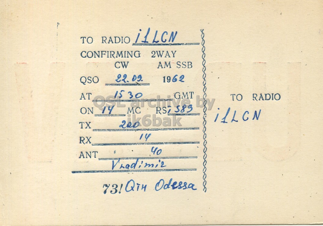 Right QSL card, of UB5AV to I1LCN, September 22, 1962, PH mode. The QSL image contains the following objects: Envelope, Mail, Book. And contains this text: TO RADIO i1LCN CONFIRMING 2WAY AM SSB CW 22. 09 1962 QSO 30 AT ON 14 is MC RS7 583 GMT by TO RADIO TX 14 RX ANT Vradimiz TO RADIO i1LCN CONFIRMING 2WAY AM SSB CW 22. 09 1962 QSO 30 AT ON 14 MC GMT by TO RADIO TX 14 RX ANT Vradimiz Odessa.