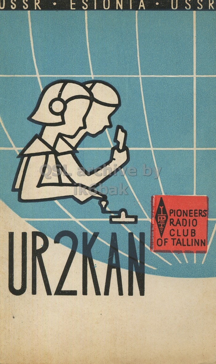 Front QSL card, of UR2KAN to I1LCN, January 7, 1963, PH mode. The QSL image contains the following objects: Advertisement, Poster, Book, Publication, Person. And contains this text: QSL archive by ikobak PIONEERS UR2KAN RADIO CLUB OF TALLINN QSL archive by ikobak PIONEERS UR2KAN RADIO CLUB OF TALLINN.