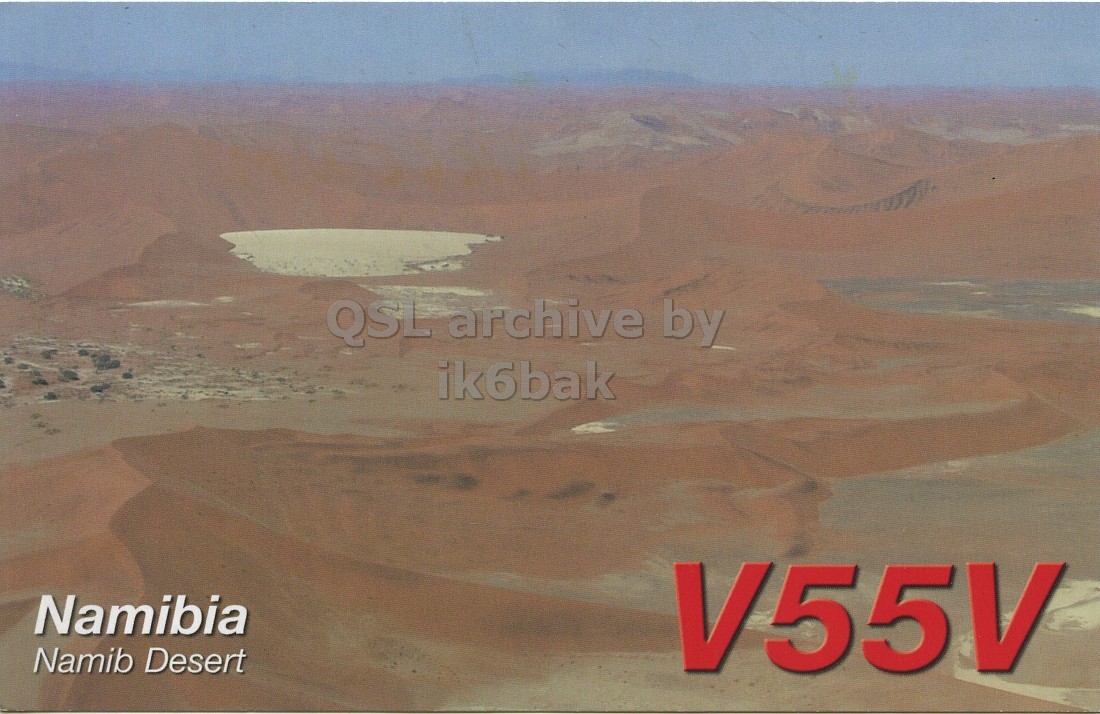 Front QSL card, of V55V/P to IK6CQC, September 1, 2007, SSB mode. The QSL image contains the following objects: Desert, Nature, Outdoors. And contains this text: QSL archive by ik6bak Namibia Namib Desert V55V QSL archive by ik6bak Namibia Namib Desert V55V.