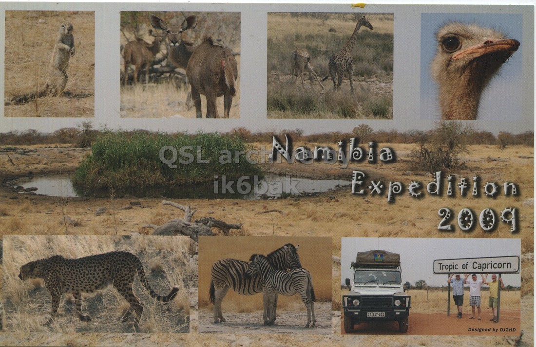 Front QSL card, of V5/DJ2HD to IK6CQC, September 23, 2009, SSB mode. The QSL image contains the following objects: Animal, Zebra, Bird, Person, Panther. And contains this text: ik6bak Expedition 2009 Tropic of Capricorn Designed by DJ2HD QSL ik6bak Expedition 2009 Tropic of Capricorn Designed by DJ2HD.