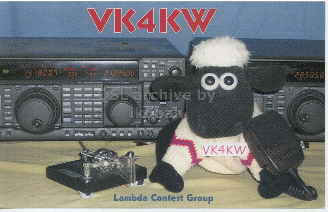 Front QSL card, of VK4KW to IK6CQC, October 1, 2011, SSB mode. The QSL image contains the following objects: Electronics, Toy. And contains this text: VK4KW 14. 180.07 FT-1000MP SHIP USB BAND CW AM FM DUAL ON LOCK USER VK4KW YAESU Lambda Contest Group VK4KW 14. 180.07 21225.00 NOTCH FT-1000MP MAIN OSL a chive by SHIP MAIN USB BAND CW AM FM DUAL ON LOCK USER VK4KW YAESU Lambda Contest Group.