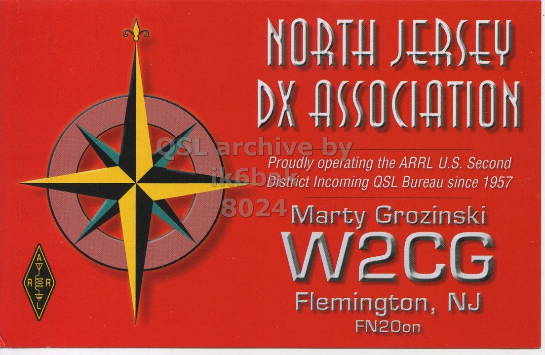 Front QSL card, of W2CG to IK6BAK, February 18, 2018, CW mode. And contains this text: NORTH JERSEY DX ASSOCIATION ik6bDistfict Proudly Incoming QSL Bureau since 1957 operating the ARRL U.S. Second 8024 Marty Grozinski W2CG R R Flemington, NJ FN20on.