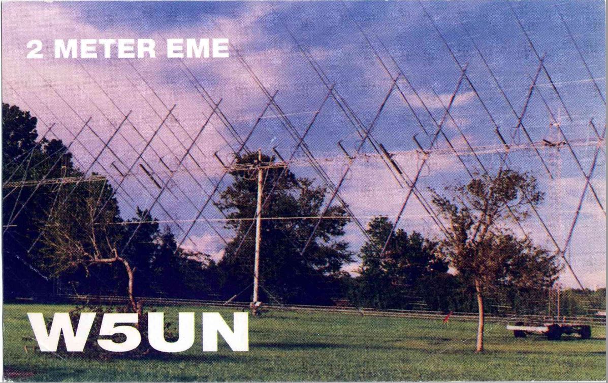 Front QSL card, of W5UN to IK2GRA, June 25, 1989, CW mode. The QSL image contains the following objects: Grass, Utility Pole, Cable. And contains this text: 2 METER EME W5UN 2 METER EME W5UN.