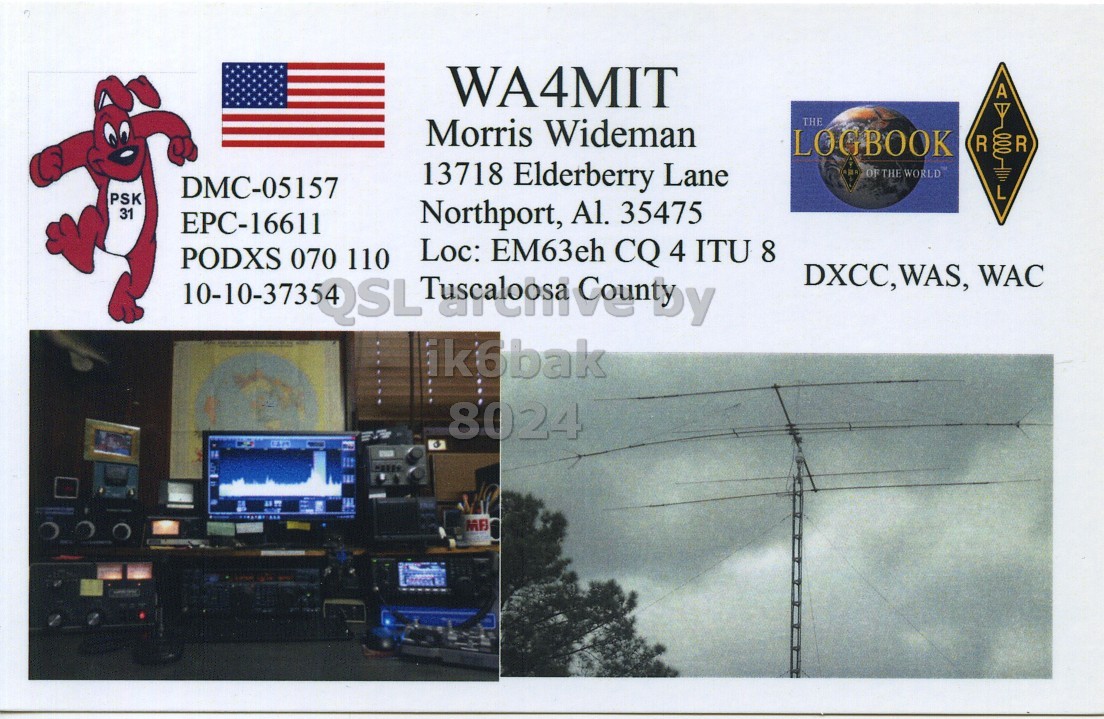 Front QSL card, of WA4MIT to IK6BAK, February 6, 2020, FT4 mode. The QSL image contains the following objects: License Plate, Advertisement, Baby, Person, Screen. And contains this text: WA4MIT A Morris Wideman THE LOGBOOK 13718 Elderberry Lane OF THE WORLD DMC-05157 L PSK 31 Northport, Al. 35475 Loc: EM63eh CQ 4 ITU 8 PODXS 070 110 DXCC,WAS, WAC ik6bak 8024 MF.