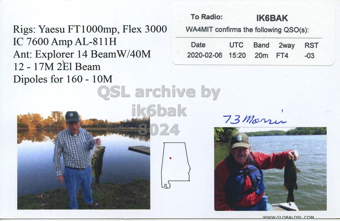 Right QSL card, of WA4MIT to IK6BAK, February 6, 2020, FT4 mode. The QSL image contains the following objects: Adult, Male, Man, Person, Baseball Cap. And contains this text: To Radio: IK6BAK Rigs: Yaesu FT1000mp, Flex 3000 WA4MIT confirms the following QSO(s): IC 7600 Amp AL-811H Date UTC Band 2way RST Ant: Explorer 14 Beam W/40M 2020-02-06 15:20 20m FT4 -03 12 - 17M 2El Beam Dipoles for 160 - 10M ik6bak 8024 www GI OBAI OSI COM.